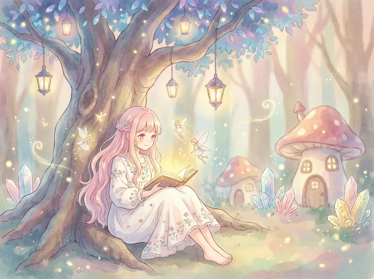 群星闪耀俄罗斯 - 魔法森林中阅读故事书的粉发少女与精灵